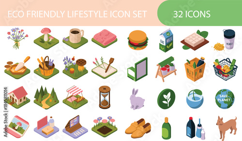 Isometric eco friendly lifestyle icon set