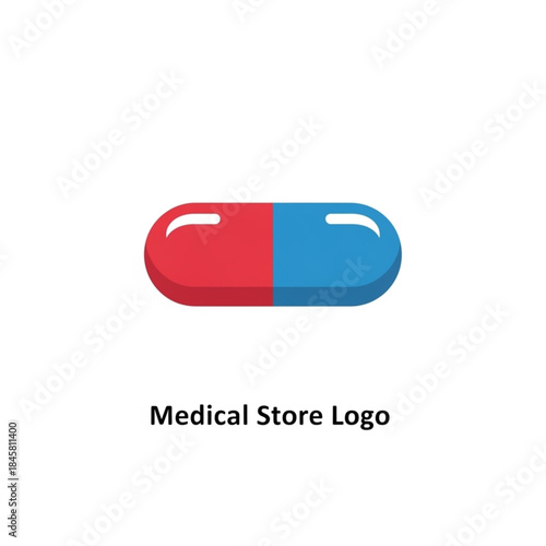 Simple flat design of a red and blue medical capsule or pill, ideal for a pharmacy or health logo concept.