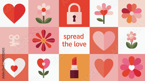 Valentine's day grid pattern with hearts, flowers, lock, key, and lipstick in pink, red, and white hues for love and romance concepts