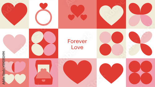 Symmetrical square grid of red and pink heart shapes and symbols for love and romance