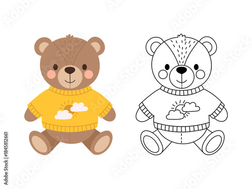 Toy bear in a yellow sweater. Black and white line art and colored drawing. Children's coloring book. Vector illustration.