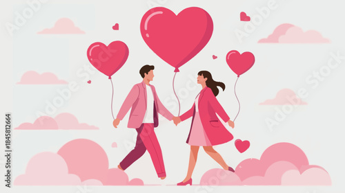 Couple walking hand in hand through stylized clouds with heart shaped balloons on a romantic day