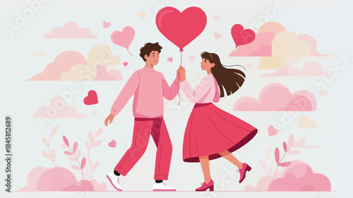 Young romantic couple dancing under floating hearts and pink clouds on a lovely day