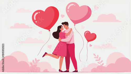 Loving couple sharing a gentle hug with heart balloons floating around them in the air