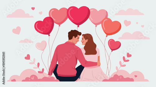 Loving couple sitting closely together surrounded by heart shaped balloons and pink clouds on romantic day