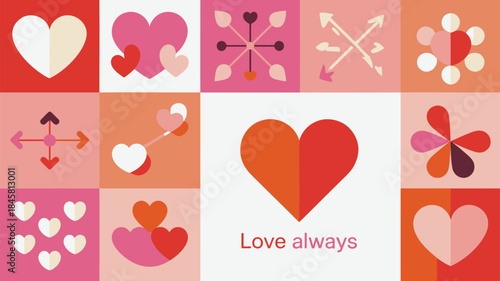 Vibrant square panel of abstract flat valentine hearts in pink, red, and white hues