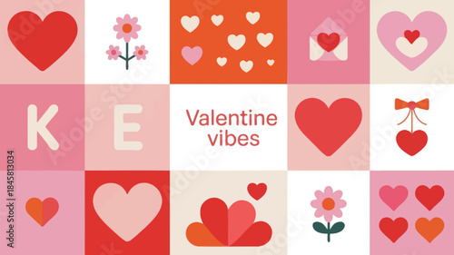 Valentine day icon tile grid with hearts flowers and love symbols in pink and red hues creates a festive vibe