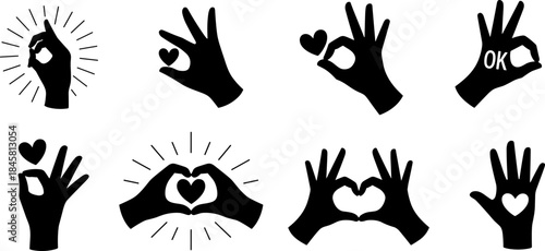 Hand Gestures Silhouette Vector Icon Set Featuring OK Sign Love Heart Shape and Finger Snapping Communication Symbols Isolated Black and White Collection.