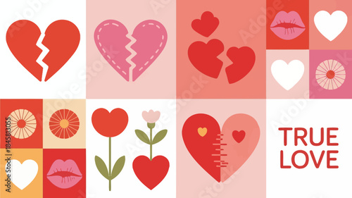 Valentine's day themed collage with heart shapes and flowers in pink and red on white background