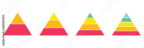 Pyramid infographic colorful set. Triangle hierarchy data segments collection. Vector business illustration.