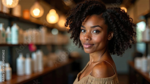 Adult woman with natural curly hair photographed on the background of a hair store shelf. For textured haircare campaigns, beauty salons, barbershops