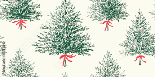 Hand-drawn Christmas pine tree bouquet seamless pattern with red ribbon bow for design, textiles, wrapping paper, and fabrics