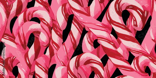 Dynamic pink and red candy cane abstract seamless pattern with bold brushstrokes for fabrics, branding, and wrapping paper designs..