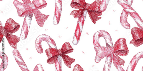 Sparkling red and white dotted candy cane seamless pattern with glittery bows on a pure white background for wrapping paper or textiles
