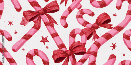 Sparkling red and white dotted candy cane seamless pattern with glittery bows on a pure white background for wrapping paper or textiles