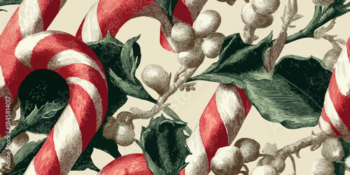 Engraved vintage botanical holly and candy cane seamless pattern on a cream background for sophisticated wrapping paper and fabrics