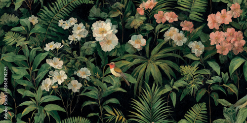 Dramatic tropical dark jungle seamless pattern with lush green foliage, pink flowers, and a small bird for fabrics, wallpapers, and home decor