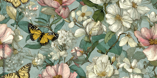 Elegant engraved light botanical seamless pattern featuring magnolia, cherry blossoms, and yellow butterflies for spring fabrics and refined branding