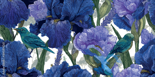 Vibrant blue and purple iris and bird seamless pattern with dragonflies for bold fashion, textiles, and contemporary home decor