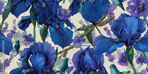 Vibrant blue and purple iris and bird seamless pattern with dragonflies for bold fashion, textiles, and contemporary home decor