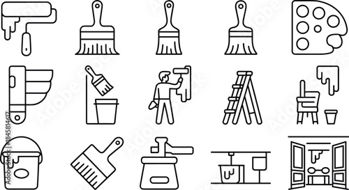 Flat painting tools and supplies icons set, brush, roller, palette, bucket, ladder, painter, house maintenance concept, flat vector illustration