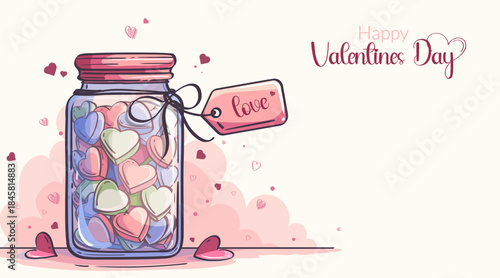 Valentine Jar with Colorful Hearts and Tag