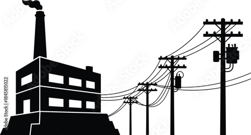Power plant silhouette, electricity transmission, utility poles, transformers, black and white, infrastructure, energy distribution, smokestack, grid system, industrial scene