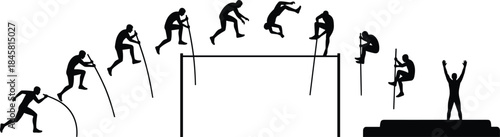 Pole vault sequence, silhouette illustration, athlete running, vaulting, clearing bar, landing, podium celebration, sports motion, track and field, black and white