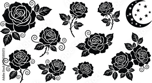 Rose flower silhouettes, crescent moon, stars, black floral design, tattoo art, decorative elements, botanical vector, romantic theme, night sky