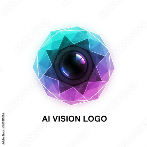 Abstract AI Vision Logo design featuring a camera lens inside a colorful, low-poly crystalline sphere on a white background.