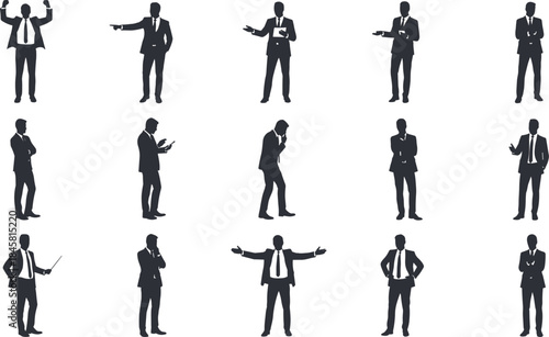 Silhouette collection of business professionals in various poses showing leadership, communication, decision-making, confidence, teamwork, and corporate actions for office and workplace concepts