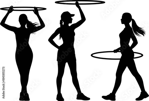 Set of Women Hula Hooping Silhouettes: Female Athletes Exercising, Practicing Fitness, and Holding Hoops for Sport and Fun - Vector Graphic