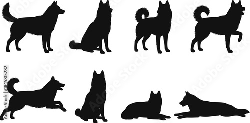 Silhouette collection of dogs in various poses including standing, sitting, running, playing and lying down, ideal for pet graphics and designs