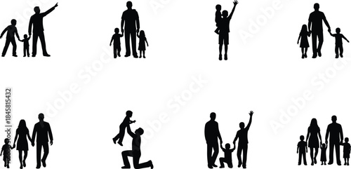 Silhouette collection of families walking, playing, and interacting with children, depicting parenthood, love, bonding, and outdoor family lifestyle in simple black figures