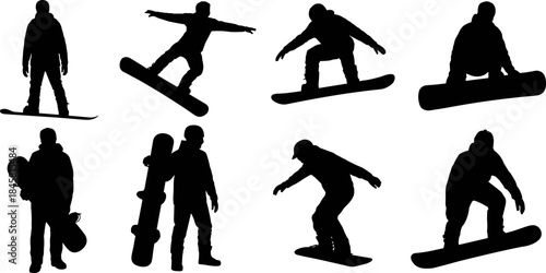 Snowboarding Action Silhouette Vector Icon Set Featuring Snowboarders in Various Jumping and Riding Poses and Standing Isolated Black and White Graphics.