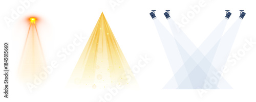 Three types of abstract spotlights and light beams illustration on white background