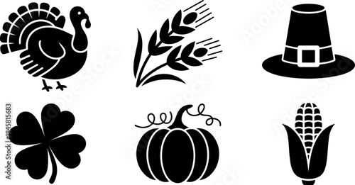 Thanksgiving and Autumn Holiday Icons Set: Including Turkey, Wheat, Pumpkin, Corn, Pilgrim Hat, and Shamrock - Black Glyph Vector Collection