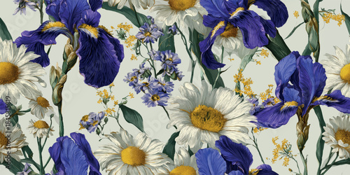 Vibrant purple iris and white daisy field seamless pattern for fresh fabrics, stationery, and bright spring home decor