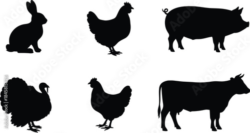 Silhouette collection of farm animals including rabbit, chickens, turkey, pig, and cow for agriculture, livestock, rural design, and farming illustrations.