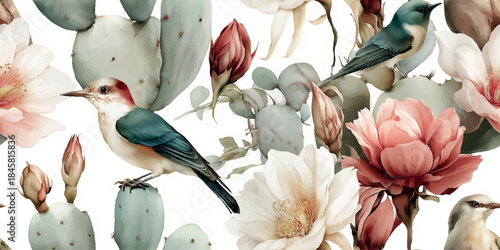 Serene desert floral seamless pattern with subtle pink and white cactus flowers and birds for sophisticated home decor and textiles