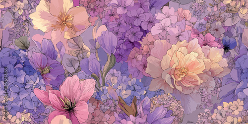 Lush maximalist floral seamless pattern with hydrangeas, peonies, and crocus in soft lavender and pink tones for feminine fabrics and decor