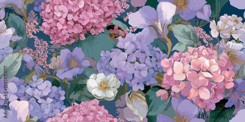 Lush maximalist floral seamless pattern with hydrangeas, peonies, and crocus in soft lavender and pink tones for feminine fabrics and decor