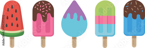 Vibrant Summer Popsicle and Ice Cream Collection Flat Design Vector Icons Set with Watermelon Chocolate Dip and Colorful Fruity Flavors.