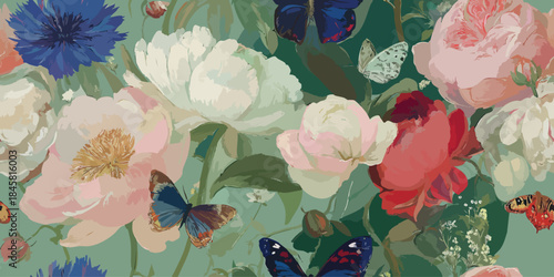 Impressionistic peony and butterfly seamless pattern in soft pastel tones on a mint green background for feminine fashion and graceful decor