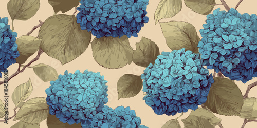 Charming hand-drawn hydrangea bloom seamless pattern in subtle blue and cream tones for fabrics, wallpapers, and graceful branding..
