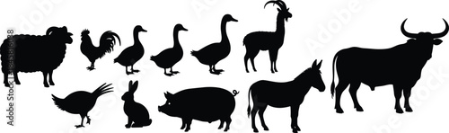 Silhouette collection of farm animals including sheep, rooster, ducks, goat, llama, pig, rabbit, donkey, and cattle for design projects.