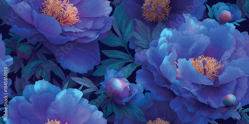 Dramatic blue and violet peony flower seamless pattern with vibrant gold accents for luxury textiles, packaging, and sophisticated home decor