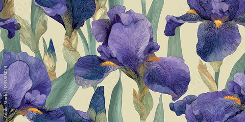 Exquisite purple and yellow iris flower seamless pattern in a detailed line-art style for luxury textiles, stationery, and elegant wallpaper