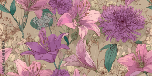 Elegant line-art lily and chrysanthemum floral seamless pattern in soft pink and purple tones for feminine fabrics and delicate stationery