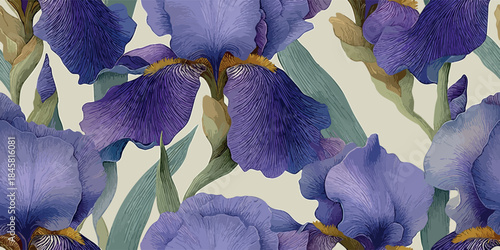 Exquisite purple and yellow iris flower seamless pattern in a detailed line-art style for luxury textiles, stationery, and elegant wallpaper